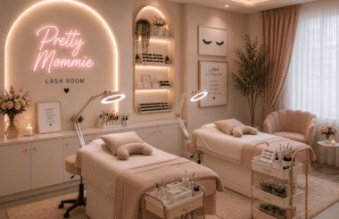 Pretty Mommie nail salon with manicure station, nail polish display, and blush pink seating