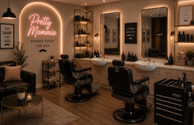 Pretty Mommie barber room for men with professional barber chairs, mirrors, grooming stations, and haircut tools