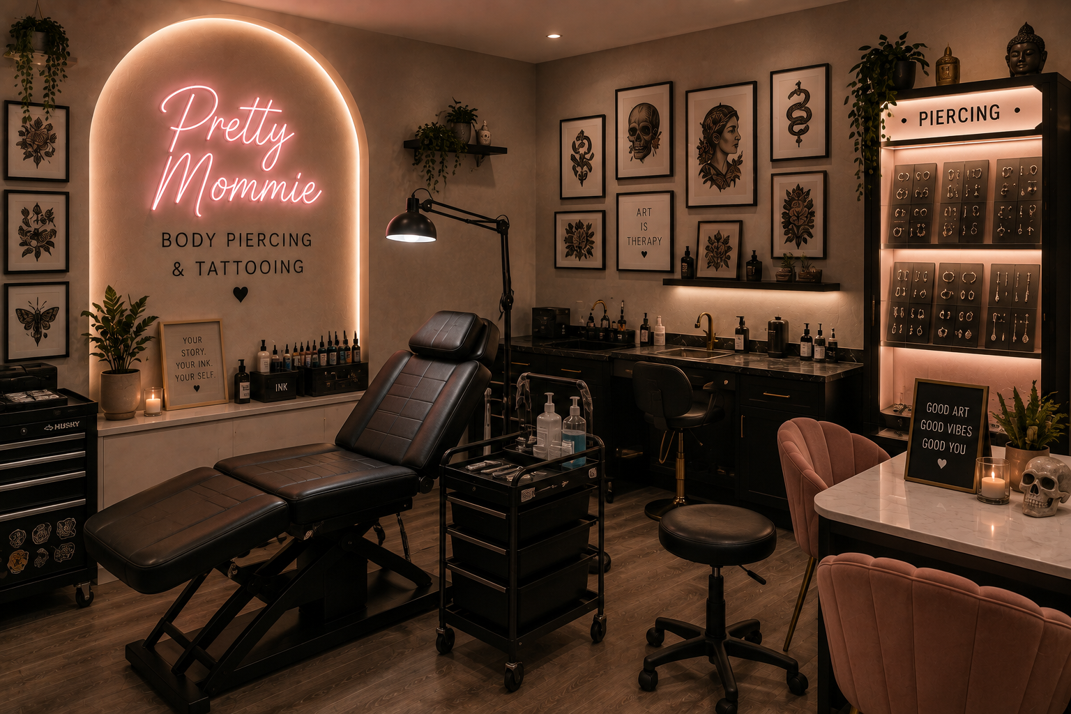 Elegant private salon suite with blush pink styling chair and illuminated mirror