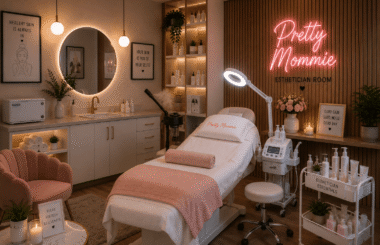 Pretty Mommie esthetician room with professional skincare treatment bed, steamer, magnifying lamp, and skincare equipment
