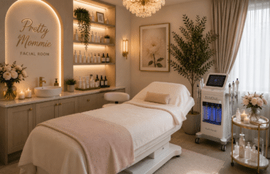 Luxury Pretty Mommie facial room with a professional treatment bed, advanced facial equipment, skincare products, and elegant spa décor.