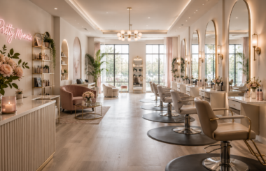 Luxury Pretty Mommie hair salon with spacious styling stations, illuminated mirrors, and modern salon chairs.