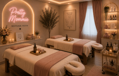 Pretty Mommie massage room with two professional massage beds, towels, massage oils, and spa supplies