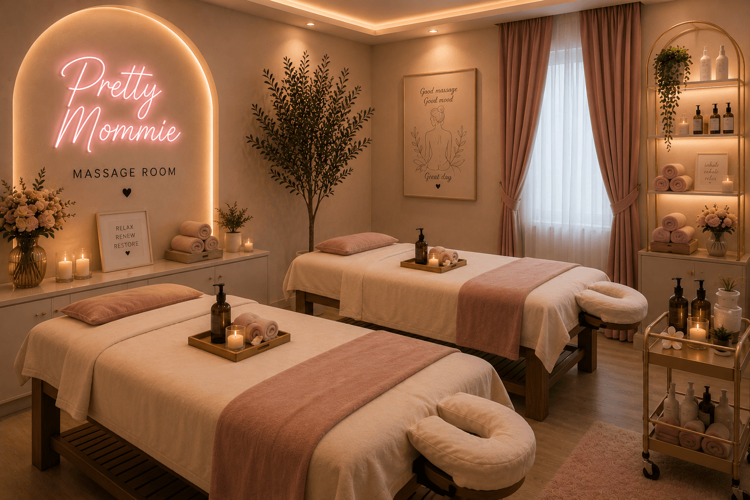 Luxury salon suite lounge with blush seating and natural light