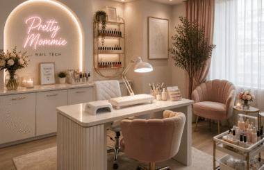 Pretty Mommie nail tech room with a manicure station, nail polish display, professional tools, and blush salon chairs.